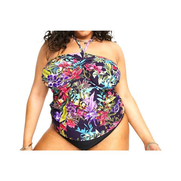 Figleaves Plus rio bandeau tummy control tankini top in navy tropical UK22 US18 - Picture 1 of 5